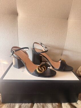 Authentic Gucci Black Leather Marmont Ankle Strap Block Heels